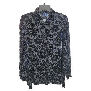 Pursuits Lld Black Blue Floral‎ Velvet Long Sleeve Button Down Shirt Size XL